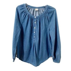 Faded Glory 100% Cotton Ling Sleeve Light Wash Denim Peasant Tunic Blouse Boho